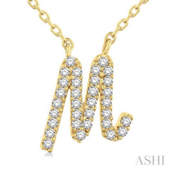 1/10 ctw Initial 'M' Calligraphy Round Cut Diamond Fashion Pendant With Chain in 14K Yellow Gold
