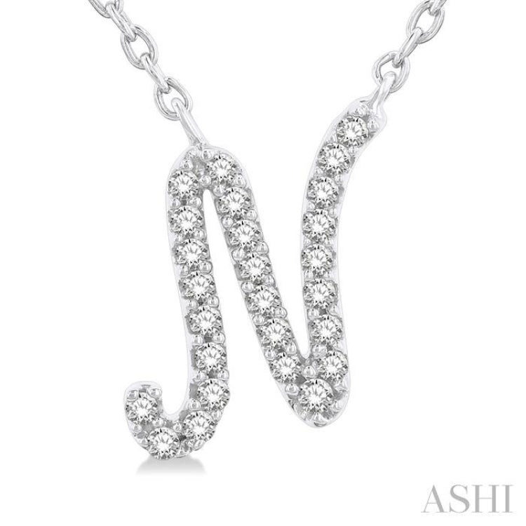 1/10 ctw Initial 'N' Round cut Diamond Pendant With Chain in 14K White Gold