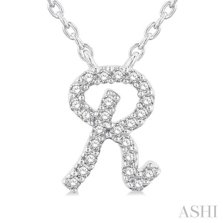 1/20 ctw Initial 'R' Round cut Diamond Pendant With Chain in 14K White Gold