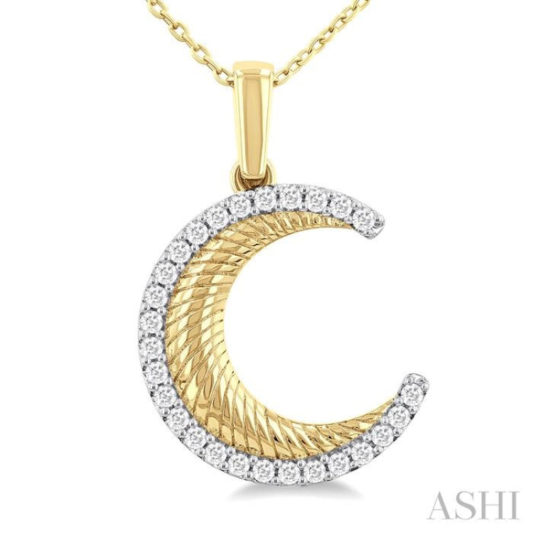 1/5 ctw Spiral Textured Crescent Moon Round Cut Diamond Fashion Pendant With Chain in 10K Yellow Gold