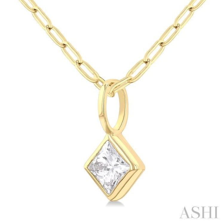 1/5 ctw Princess Cut Bezel Set Diamond Fashion Pendant With Paperclip Chain in 14K Yellow Gold
