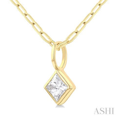 1/5 ctw Princess Cut Bezel Set Diamond Fashion Pendant With Paperclip Chain in 14K Yellow Gold
