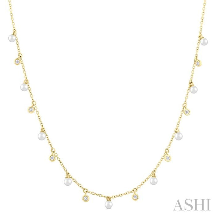 3 MM Round Shape Cultured Pearl and 1/6 ctw Round Cut Diamond Station Necklace in 14K Yellow Gold