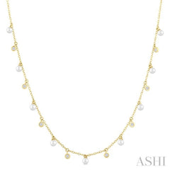 3 MM Round Shape Cultured Pearl and 1/6 ctw Round Cut Diamond Station Necklace in 14K Yellow Gold