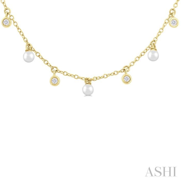 3 MM Round Shape Cultured Pearl and 1/6 ctw Round Cut Diamond Station Necklace in 14K Yellow Gold