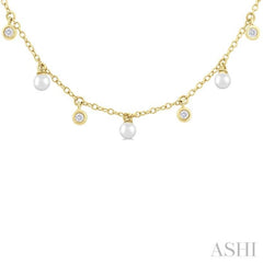 3 MM Round Shape Cultured Pearl and 1/6 ctw Round Cut Diamond Station Necklace in 14K Yellow Gold