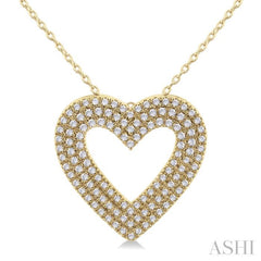 3/8 ctw  Heart Shape Triple Row Round Cut Diamond Fashion Pendant With Chain in 14K Yellow Gold