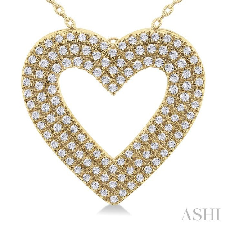 3/8 ctw  Heart Shape Triple Row Round Cut Diamond Fashion Pendant With Chain in 14K Yellow Gold