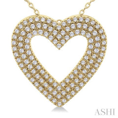 3/8 ctw  Heart Shape Triple Row Round Cut Diamond Fashion Pendant With Chain in 14K Yellow Gold