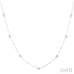 1/4 ctw Bezel Set Round Cut Diamond Paperclip Station Necklace in 14K White Gold