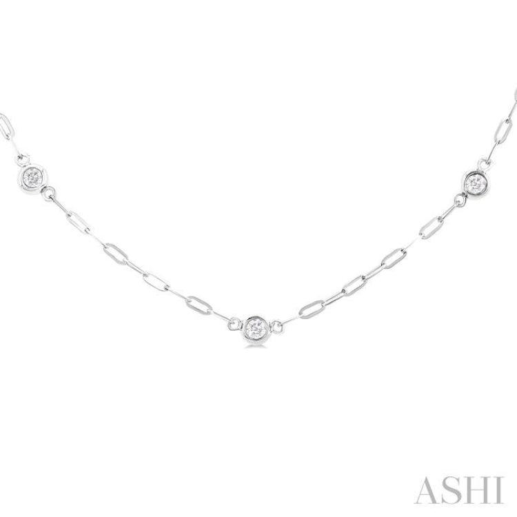 1/4 ctw Bezel Set Round Cut Diamond Paperclip Station Necklace in 14K White Gold