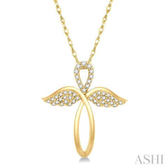 1/6 ctw Angel Wing Round Cut Diamond Cross Pendant With Chain in 10K Yellow Gold