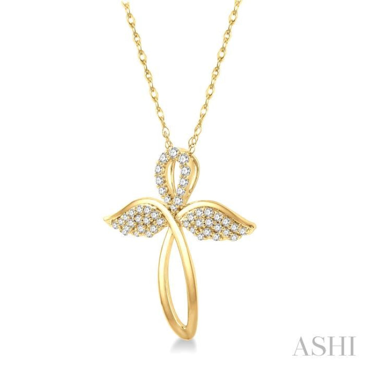 1/6 ctw Angel Wing Round Cut Diamond Cross Pendant With Chain in 10K Yellow Gold