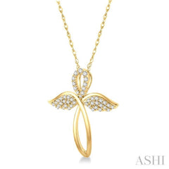 1/6 ctw Angel Wing Round Cut Diamond Cross Pendant With Chain in 10K Yellow Gold