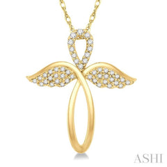 1/6 ctw Angel Wing Round Cut Diamond Cross Pendant With Chain in 10K Yellow Gold