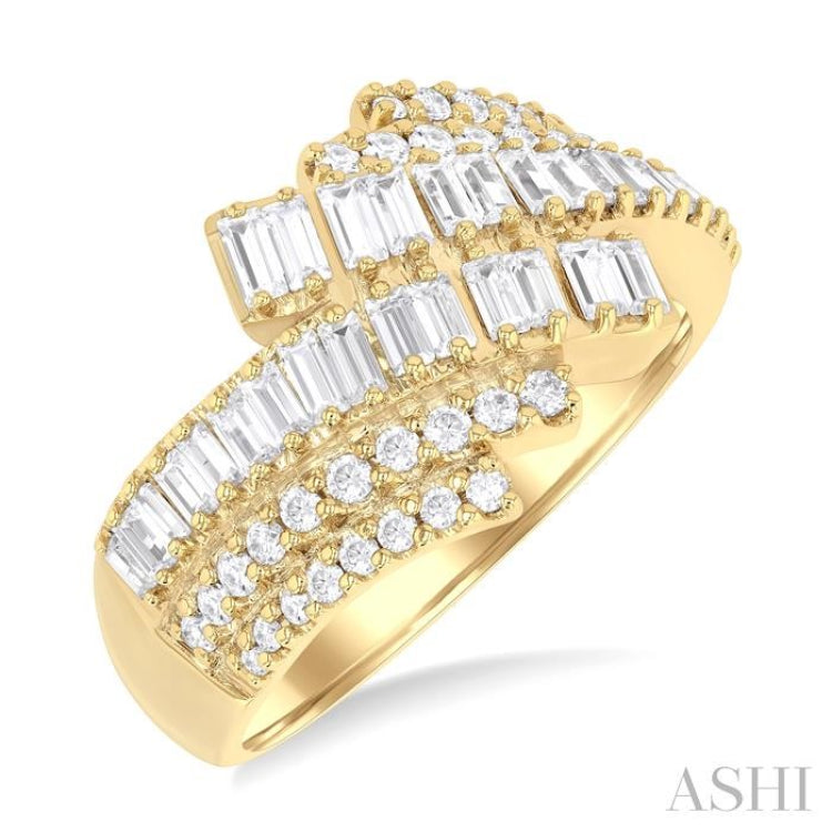 1 ctw Triple Row Bypass Fusion Baguette and Round Cut Diamond Fashion Ring in 14K Yellow Gold