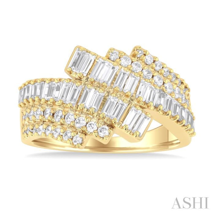 1 ctw Triple Row Bypass Fusion Baguette and Round Cut Diamond Fashion Ring in 14K Yellow Gold