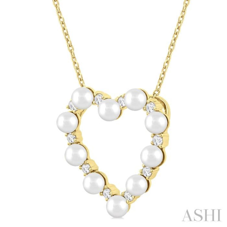 3 MM Round Shape Cultured Pearl and 1/5 ctw Heart Shape Round Cut Diamond Pendant With Chain in 14K Yellow Gold