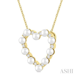 3 MM Round Shape Cultured Pearl and 1/5 ctw Heart Shape Round Cut Diamond Pendant With Chain in 14K Yellow Gold