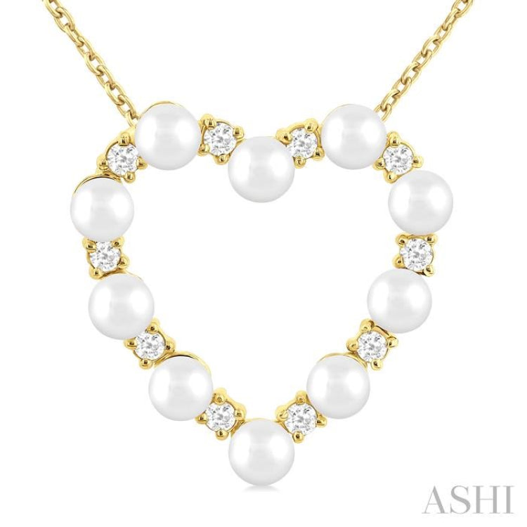 3 MM Round Shape Cultured Pearl and 1/5 ctw Heart Shape Round Cut Diamond Pendant With Chain in 14K Yellow Gold