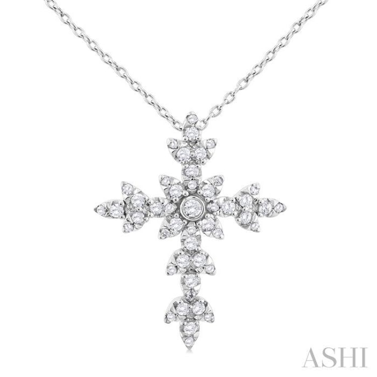 1/4 ctw Floral Leaf Cross Round Cut Diamond Fashion Pendant With Chain in 14K White Gold