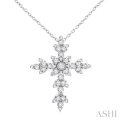 1/4 ctw Floral Leaf Cross Round Cut Diamond Fashion Pendant With Chain in 14K White Gold
