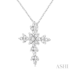 1/4 ctw Floral Leaf Cross Round Cut Diamond Fashion Pendant With Chain in 14K White Gold