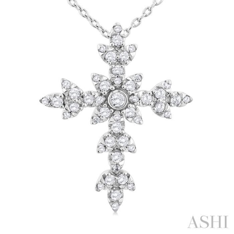 1/4 ctw Floral Leaf Cross Round Cut Diamond Fashion Pendant With Chain in 14K White Gold