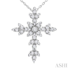 1/4 ctw Floral Leaf Cross Round Cut Diamond Fashion Pendant With Chain in 14K White Gold
