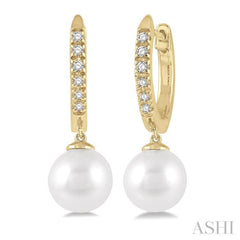 6 MM Round Shape Cultured Pearls and 1/8 ctw Round Cut Diamond Drop Petite Huggie Earrings 10K Yellow Gold