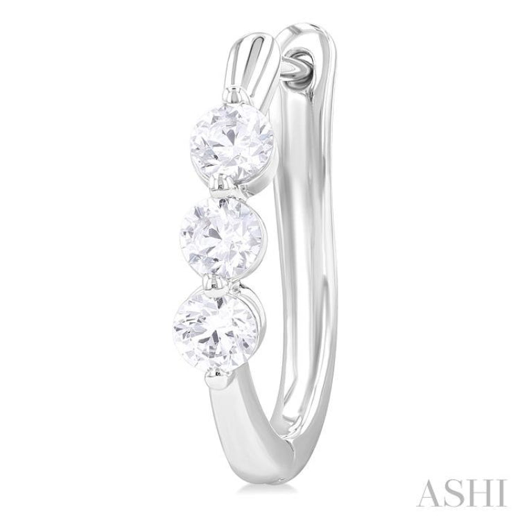 3/4 ctw 3-Stone Round Cut Diamond Fashion Hoop Earring in 14K White Gold