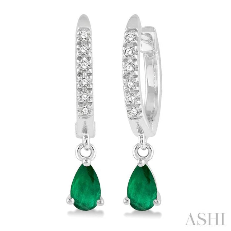 5x3 MM Pear Cut Emerald and 1/8 ctw Round Cut Diamond Petite Fashion Huggie Earrings in 10K White Gold