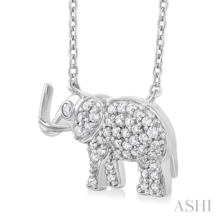 1/6 ctw Petite Tusked Elephant Round Cut Diamond Fashion Pendant With Chain in 10K White Gold