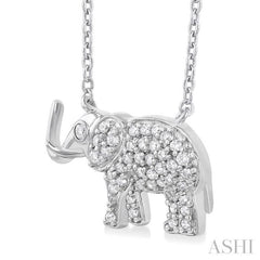 1/6 ctw Petite Tusked Elephant Round Cut Diamond Fashion Pendant With Chain in 10K White Gold