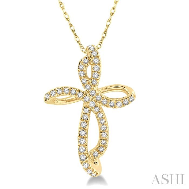 1/6 ctw Twirl Pattern Cross Round Cut Diamond Pendant With Link Chain in 10K Yellow Gold