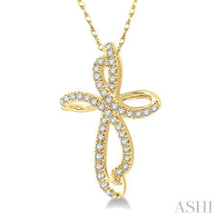 1/6 ctw Twirl Pattern Cross Round Cut Diamond Pendant With Link Chain in 10K Yellow Gold