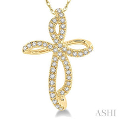 1/6 ctw Twirl Pattern Cross Round Cut Diamond Pendant With Link Chain in 10K Yellow Gold