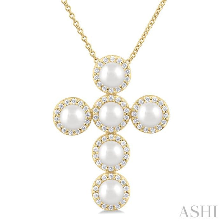 4 MM Cross Cultured Pearl and 1/3 ctw Round Cut Diamond Fashion Pendant With Chain in 14K Yellow Gold