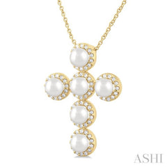 4 MM Cross Cultured Pearl and 1/3 ctw Round Cut Diamond Fashion Pendant With Chain in 14K Yellow Gold