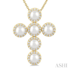 4 MM Cross Cultured Pearl and 1/3 ctw Round Cut Diamond Fashion Pendant With Chain in 14K Yellow Gold