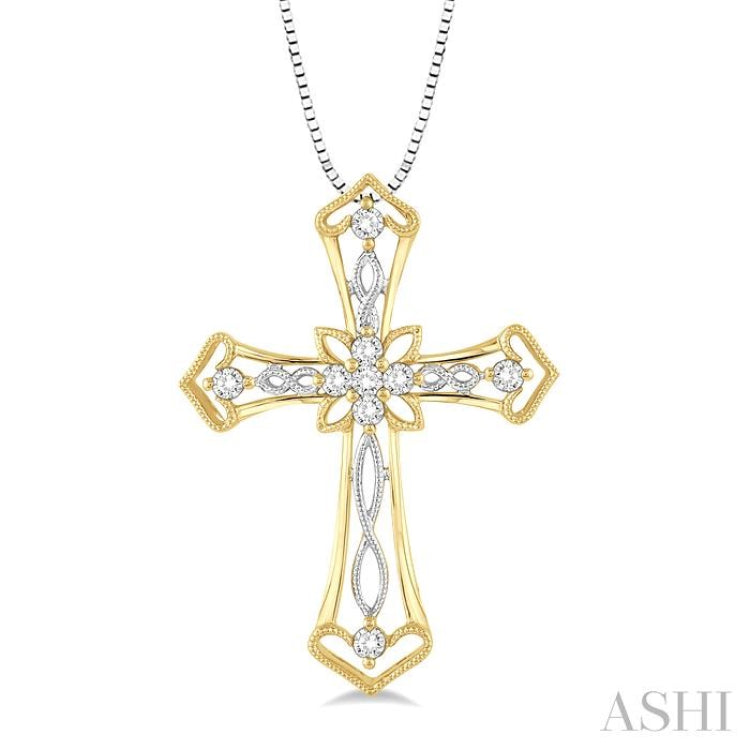 1/5 ctw Round Cut Diamond Cross Pendant in 14K Yellow and White Gold with Chain