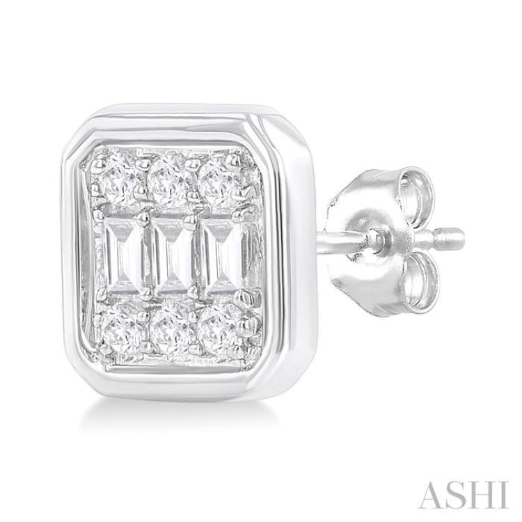1/5 ctw Petite Bezel Set Emerald Shape Fusion Baguette and Round Cut Diamond Fashion Stud Earring in 10K White Gold