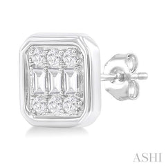 1/5 ctw Petite Bezel Set Emerald Shape Fusion Baguette and Round Cut Diamond Fashion Stud Earring in 10K White Gold