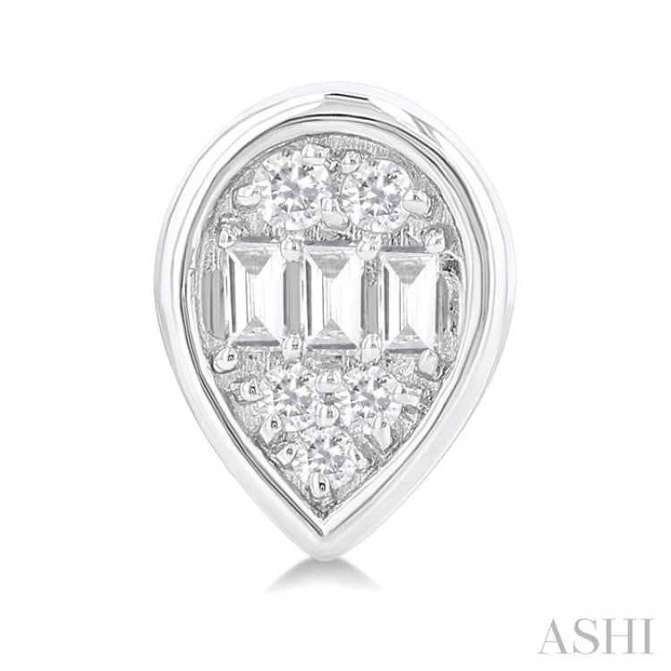 1/5 ctw Petite Bezel Set Pear Shape Fusion Baguette and Round Cut Diamond Fashion Stud Earring in 10K White Gold