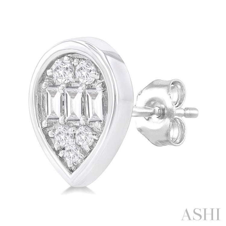 1/5 ctw Petite Bezel Set Pear Shape Fusion Baguette and Round Cut Diamond Fashion Stud Earring in 10K White Gold