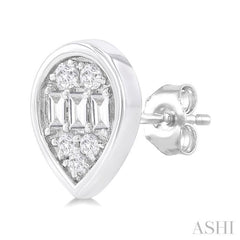 1/5 ctw Petite Bezel Set Pear Shape Fusion Baguette and Round Cut Diamond Fashion Stud Earring in 10K White Gold
