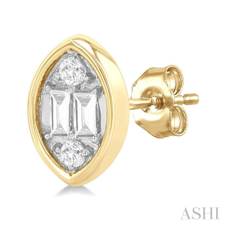 1/5 ctw Petite Bezel Set Marquise Shape Fusion Baguette and Round Cut Diamond Fashion Stud Earring in 10K Yellow Gold