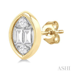 1/5 ctw Petite Bezel Set Marquise Shape Fusion Baguette and Round Cut Diamond Fashion Stud Earring in 10K Yellow Gold