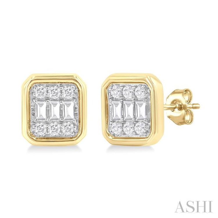 1/5 ctw Petite Bezel Set Emerald Shape Fusion Baguette and Round Cut Diamond Fashion Stud Earring in 10K Yellow Gold