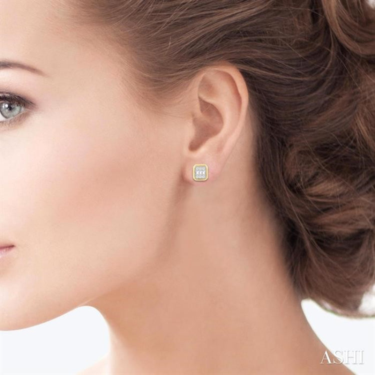 1/5 ctw Petite Bezel Set Emerald Shape Fusion Baguette and Round Cut Diamond Fashion Stud Earring in 10K Yellow Gold